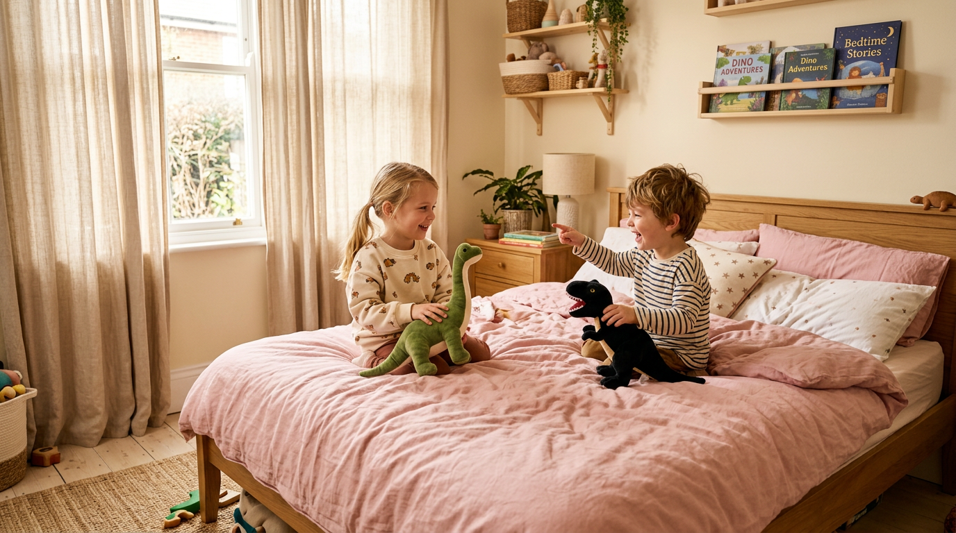 Two children playing with plush dinosaur toys